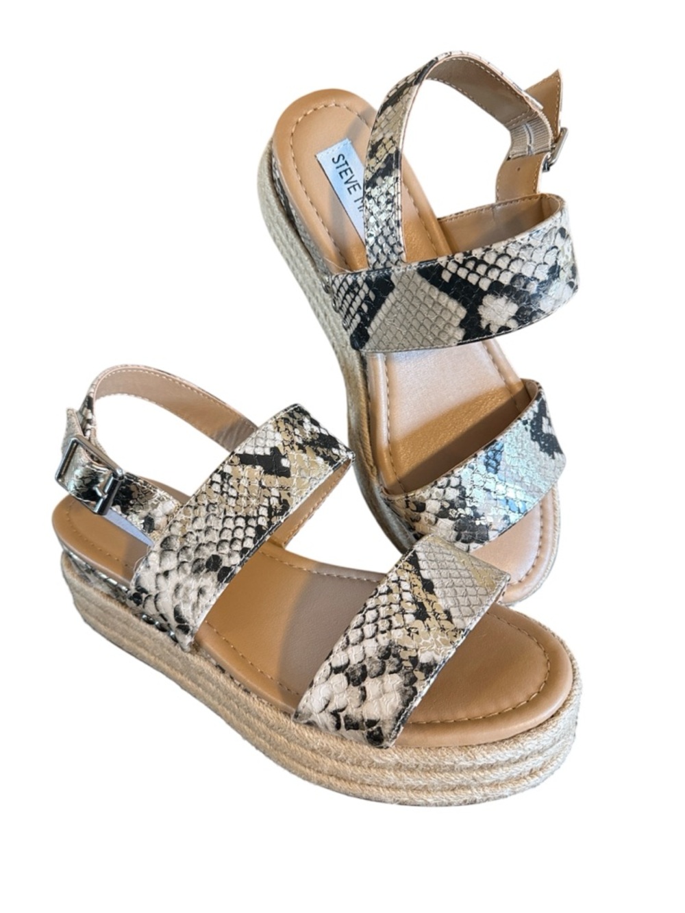 Steve Madden Fifer Snake Print Platform Espadrille Wedge Sandals Tan Blk Gold 7